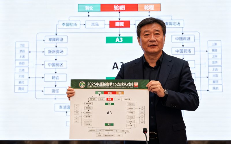 中超新赛季赛程公布新闻发布会现场，中国足协官员在台上展示赛程表，背景大屏幕显示16支球队对阵图