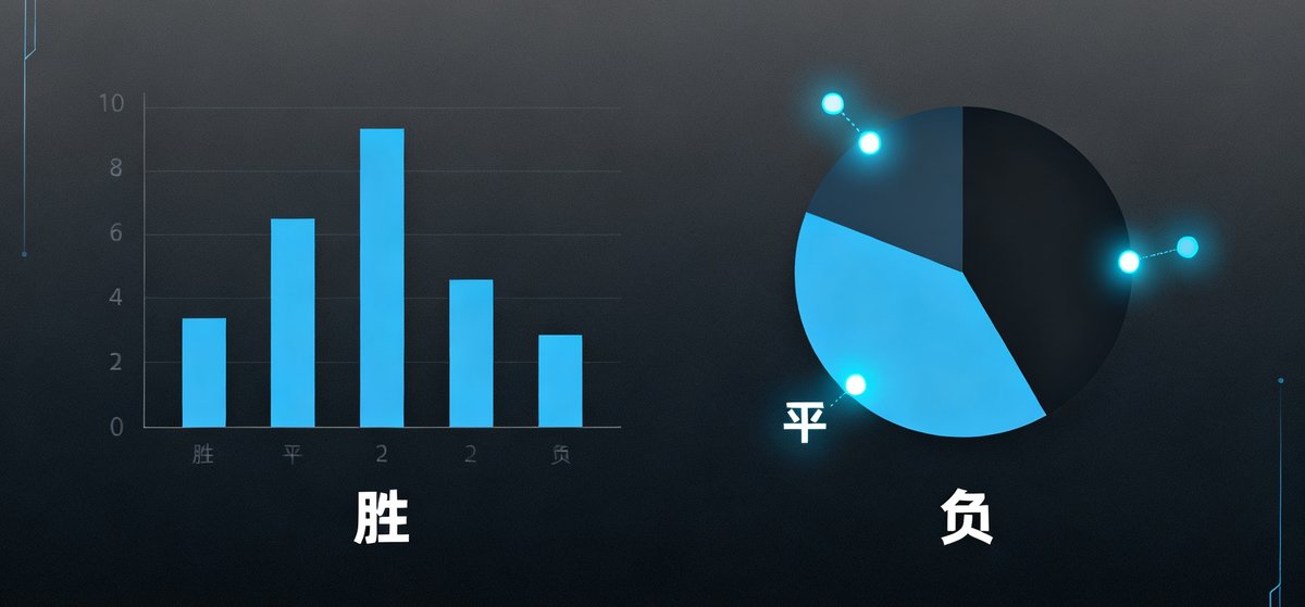 AI预测模型的数据可视化图表，以柱状图和饼图展示胜平负概率分布，背景为深色科技风格界面，数据节点闪烁