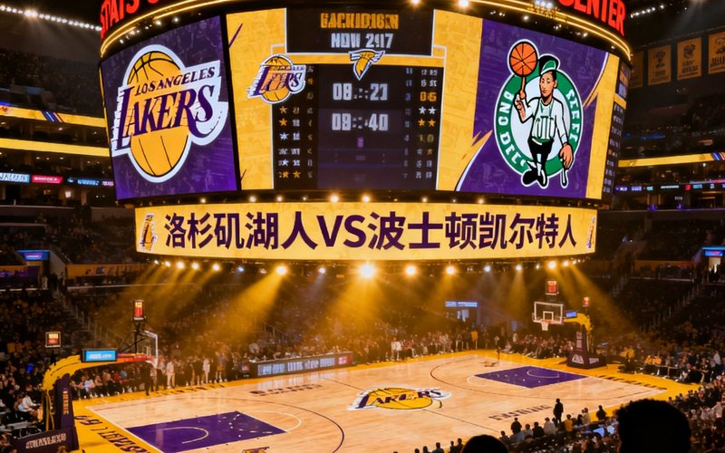 洛杉矶湖人对阵波士顿凯尔特人的NBA赛程预告，斯台普斯中心内场灯光璀璨，巨型记分牌清晰可见